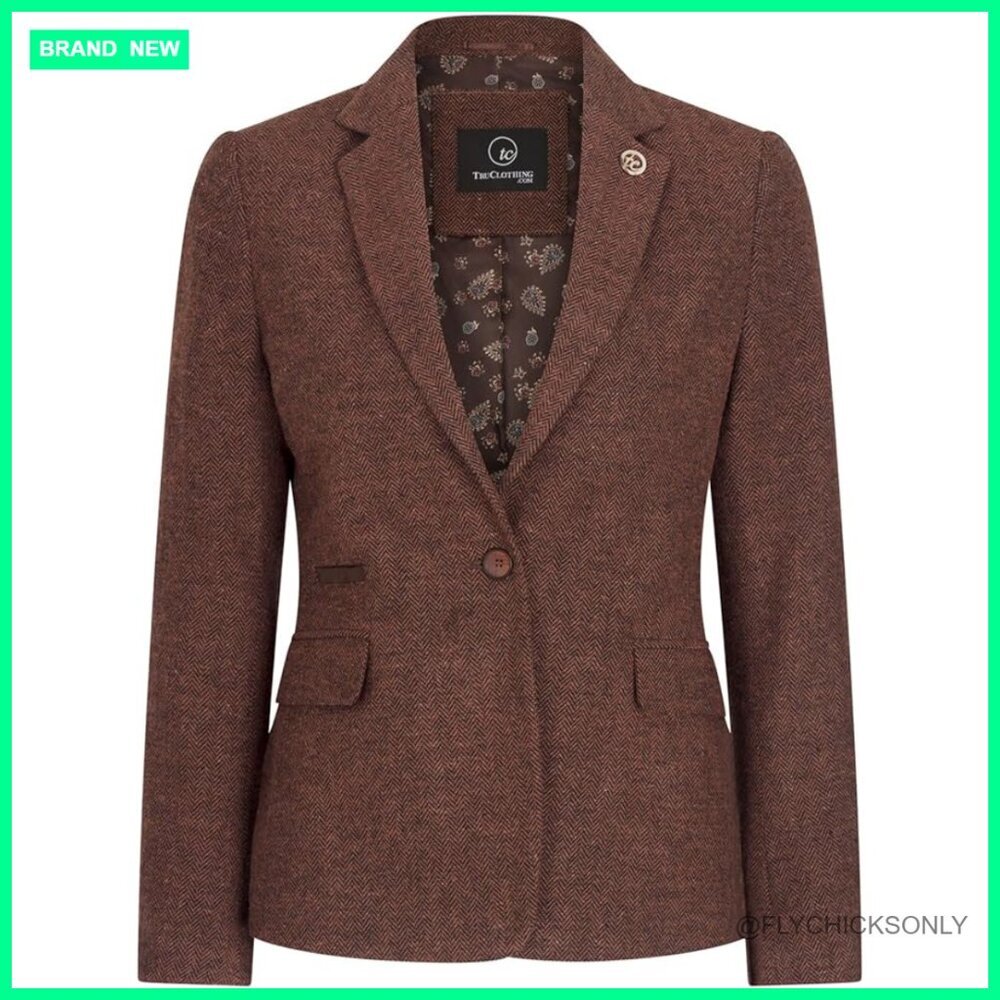 Tweed Herringbone Wool Blazer Slim Fit 1 Button Notch Collar
